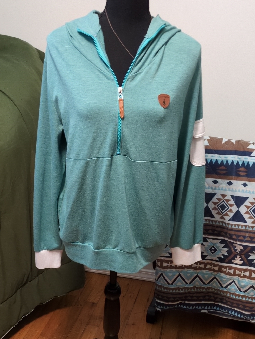 Wanakome Teal Half-Zip Hoodie with Cream Accents